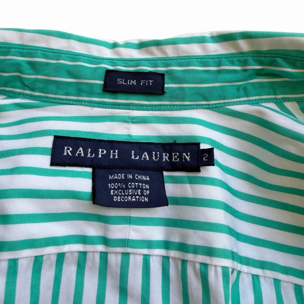 Ralph Lauren Blue Label Womens 2 Slim Fit Green White Striped Oxford Shirt - Picture 3 of 8